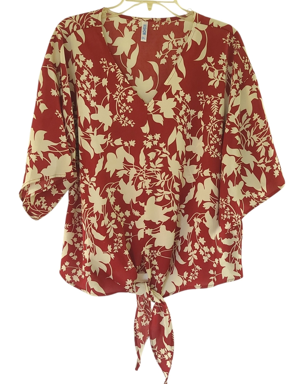 Viishow Red Cream Floral Tie-Front V-Neck Blouse Size XL